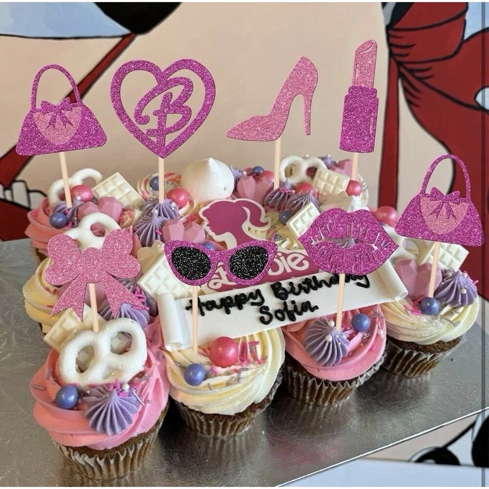 24 Piece Pink Sparkling Lipstick Barbie High Heel Handbag Party Cupcake Toppers